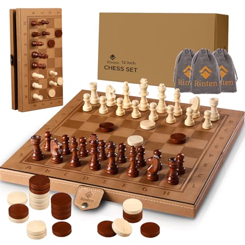 Rinten Chess Set Board for Kids & Adults, 12" Travel Magnetic Chess & Checkers Folding Board 2 in 1 Sets, Portable Folding Leather Chess Boards with 3 Velvet Bag Packaging Pieces