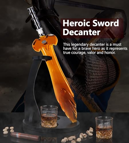 LUJII Heroic Sword Whiskey Decanter Set for Brave Hero, Liquor Dispenser with 2 Glasses & Wooden Tray, Alcohol Holder for Bourbon or Scotch, Gift for Men Husband Dad Boyfriend or Son, 850 ml