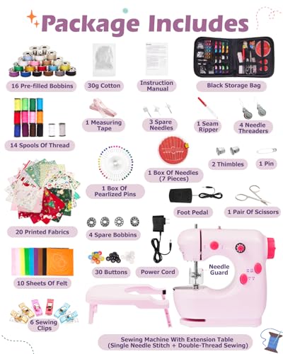 Gleamkid Portable Sewing Machine, Mini Sewing Machine for Beginners with 2 Speed Control, Extension Table, LED Light, Foot Pedal, DIY Home Sewing Kit with Accessories and Tools