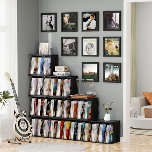 Emfogo Vinyl Record Storage, Vinyl Record Stand Wall Mount Up to 80-100 Albums, 3-Compartment Vinyl Record Holder