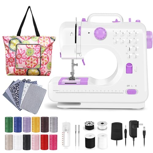 Dechow Sewing Machine for Beginners, Electric Mini Portable, 12 Built-in Stitches with Reverse Sewing, 2 Speeds Double Thread with Foot Pedal, Storage Bag, Cotton Fabric and Threads(Premium Set)