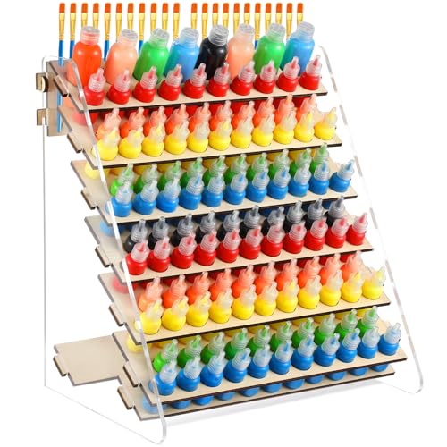 DoubleFill Wooden and Acrylic Paint Organizer Paint Holder Paintbrush Storage Miniature Model Paint Rack Painting Stand Can Hold 123 Bottle & 22 Brush for Christmas Gifts