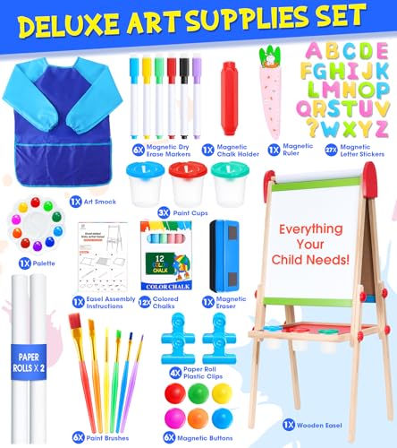 Art Easel for Kids, 3 in 1 Adjustable Double Sided Kids Easel with Magnetic Whiteboard, Chalkboard, 2 Paper Rolls and Accessories, All in One Wooden Toddler Easel, Art Easel for Kids Ages 2-4 4-8 8-12