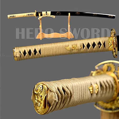 Handmade Gold Blade Japanese Samurai Sword Hand Etching engrave Gold Dragon Katana Full Tang Sharp Can Cut Bamboo Trees (Gold Dragon Katana)