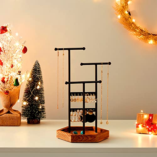 SONGMICS Jewelry Holder, Jewelry Organizer, 4 Independent Zones, Jewelry Display Stand with Metal Frame, Necklace Earring Bracelet Holder, for Rings, Christmas Gift, Black and Caramel Brown UJJS03CB