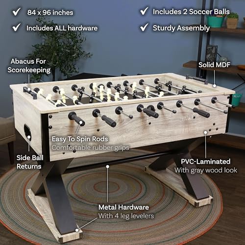 Sunnydaze Delano 54.5-Inch Indoor Foosball Table Adult Size - Soccer Game Table for Kids and Adults with 2 Balls - Gray Distressed Wood Look