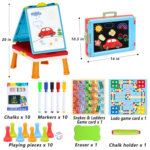 Kids Art Easel Toys, Foldable Double Sided Tabletop Art Easel, Chalk Board and White Board with Painting Accessories, Birthday Gift for Toddlers, Boys and Girls