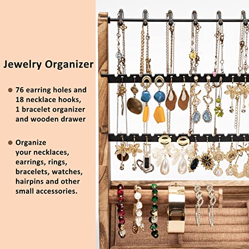 DGWJSU Jewelry Organizer Stand, 5 Layer Earring Holder Organizer with Necklace Holder, Rustic Wood Earring Organizer Display for Stud Earring Bracelet Necklace Ring, Watches