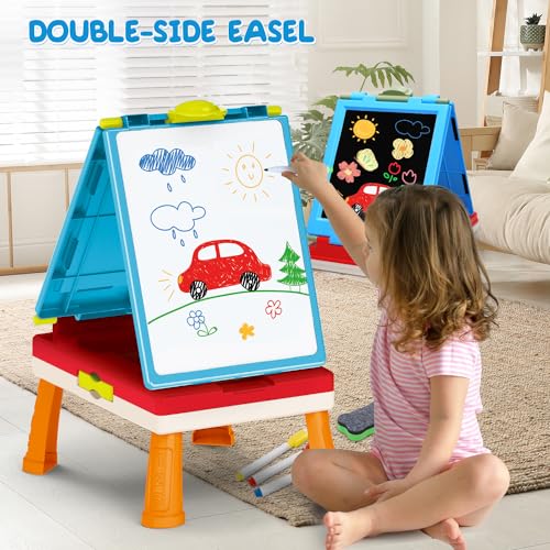 Kids Art Easel Toys, Foldable Double Sided Tabletop Art Easel, Chalk Board and White Board with Painting Accessories, Birthday Gift for Toddlers, Boys and Girls