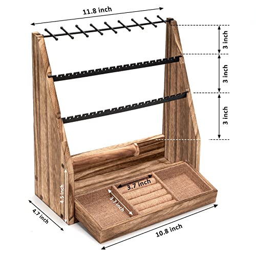 DGWJSU Jewelry Organizer Stand, 5 Layer Earring Holder Organizer with Necklace Holder, Rustic Wood Earring Organizer Display for Stud Earring Bracelet Necklace Ring, Watches