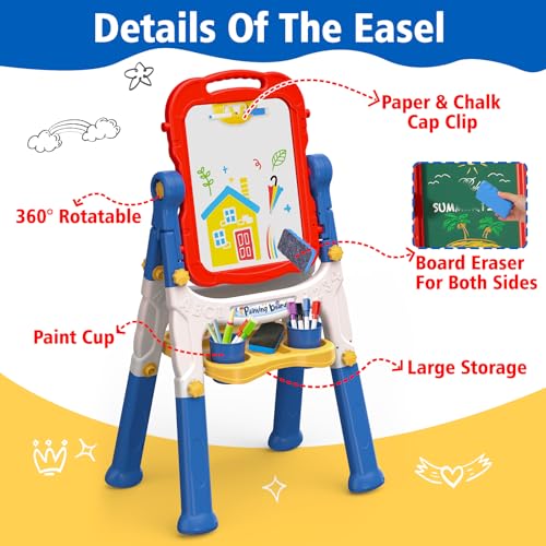 Kids Easel for Toddlers Age 2-4 Art Magnetic White Board & Chalkboard Double Side Adjustable Stand Drawing Writing with Flash Cards Learning Educational Toy for 2 3 4 Year Boys Girl Birthday Gifts