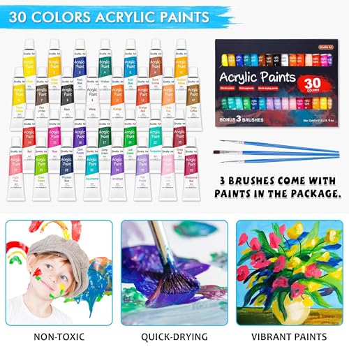 69 Pack Kids Paint Set, Shuttle Art Art Set for Kids with 30 Colors Acrylic Paint, Wood Easel, Canvas, Painting Pad, Brushes, Palette and Smock, Complete Paint Set for Boys and Girls(package may very)