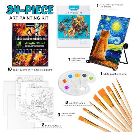 koseibal Acrylic Paint Set for Kids, Art Painting Supplies Kit with 18 Paints, 5 Canvas Panels, 8 Brushes, Table Easel, Etc, Premium Paint Set for Students, Artists and Beginner.