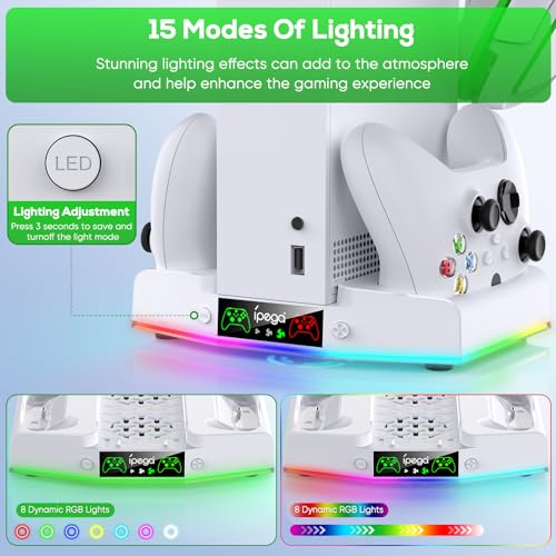 FYOUNG Vertical Charger Stand & Cooling Station for Xbox Series S, Upgrade Controller Charging Dock with 15 RGB Light, Cooler Fan System, 2X 1400mAh Rechargeable Battery, Headset Holder (White)