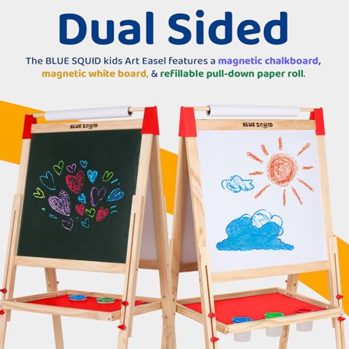 Blue Squid Art Easel for Kids Including 100+ Accessories - Double Sided Adjustable Wooden Painting Easel with Magnetic Chalk Board, White Board and Paper Roll for Toddlers Ages 3,4,5,6,7,8,9,10,12