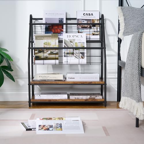 VECELO Magazine Holder Floor,2-Tier Metal Magazine Racks, Newspaper Display Stand with Board Shelves for Books and Brochure in Home Office,Shopping Malls,Indoor&Outdoor Place, Retro Brown