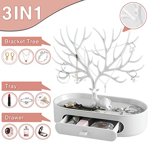 MOJUN Antlers Jewelry Display Stand with Drawers, Necklace Earring Bracelet Jewelry Organizer Display Stand, Plastic Jewelry Tree Ideal Gift for Women, White