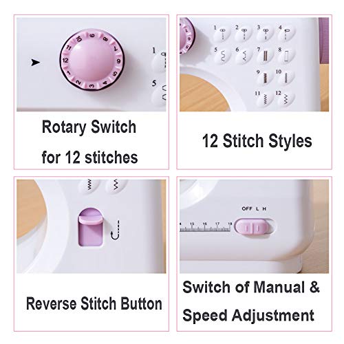 Dechow Sewing Machine for Beginners, Electric Mini Portable, 12 Built-in Stitches with Reverse Sewing, 2 Speeds Double Thread with Foot Pedal, Storage Bag, Cotton Fabric and Threads(Premium Set)