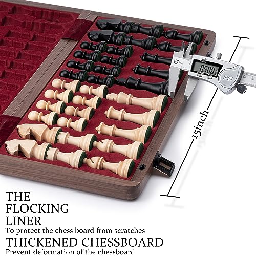 A&A Premium Natural Walnut Folding Chess Set, w/ 15" Board & 3" King Height Staunton Chess Pieces, Includes 2 Extra Queens and a Storage Bag