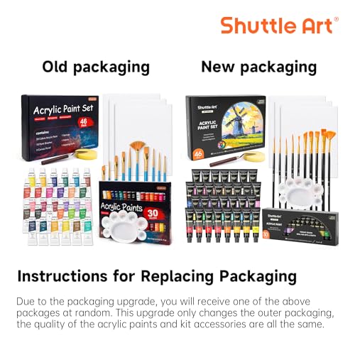 Shuttle Art 46 Pack Acrylic Paint Set, 30 Colors Acrylic Paint with 10 Brushes 3 Canvas 1 Knife Palette Sponge, Complete Gift for Kids, Adults, Beginners, Painting Wood, Ceramic