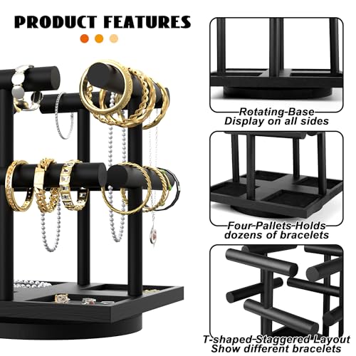 Alytree 2-Tier Rotating Bracelet Display Stand, Wooden Jewelry Bracelet Display Holder-4 Removable Holders, Bracelet Organizer for Bangles, Necklaces, Bracelets, Rings, Earrings and Watch, Black