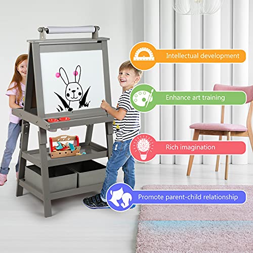 Kinder King 3 in 1 Kids Art Easel w/Storage, Double-Sided Magnetic Whiteboard & Chalkboard, Dry-Erase Board w/Paper Roller, Toddler Children Standing Easel for Painting & Drawing, Accessories(Grey)