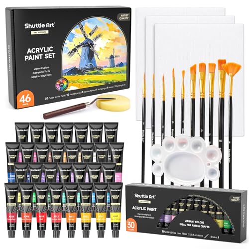 Shuttle Art 46 Pack Acrylic Paint Set, 30 Colors Acrylic Paint with 10 Brushes 3 Canvas 1 Knife Palette Sponge, Complete Gift for Kids, Adults, Beginners, Painting Wood, Ceramic