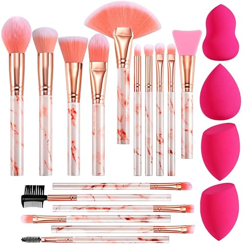 DUAIU Professional Makeup Brushes Set 16PCS Marble Handle with 4PCs Sponge Blenders Foundation Brushes Eyeshadow Brush Lip Brush Silicone Face Mask Brush Make Up Tool