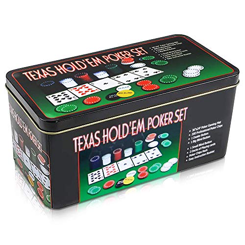 Gamie Texas Holdem Poker Game Set - Includes Hold’em Mat, 2 Card Decks, Chips, Chip Holder and Tin Storage Box - Fun Game Night Supplies - Cool Casino Gift for Kids & Adults