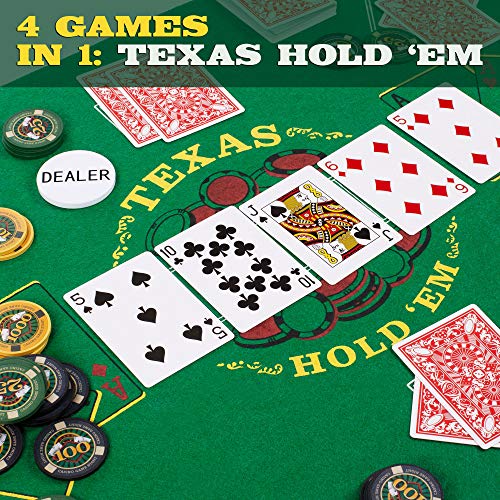 Brybelly Casino Night 4-in-1 Complete Game Set with Felts, Wheel, 100 Chips, Dice & Cards for Blackjack, Craps, Roulette & Texas Hold'em - Green Felt Double Sided Casino Tabletop Gaming Mat