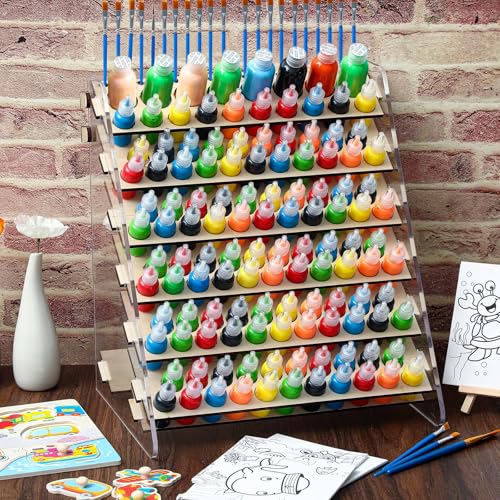 DoubleFill Wooden and Acrylic Paint Organizer Paint Holder Paintbrush Storage Miniature Model Paint Rack Painting Stand Can Hold 123 Bottle & 22 Brush for Christmas Gifts