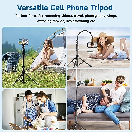 Phone Tripod Stand, 85" Tall Cellphone Tripod with Gooseneck Remote, Flexible Tripod Stand for iphone, Portable Phone Stand Tripod for Recording, Compatible with iPhone 14 13 12 pro Android Cell phone