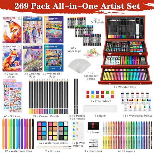 POPYOLA Art Supplies, 269 Piece Deluxe Art Set with 6 Drawing Pads, Watercolor Paints, Crayons, Colored Pencils Set in Wooden Case, Creative Gifts for Artists Adults Kids