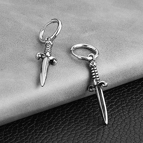 HZMAN Medieval Sword Dangle Drop Earrings for Men Women Stainless Steel Hip Hop Gothic Retro Dagger Hoop Earrings Jewelry Gift