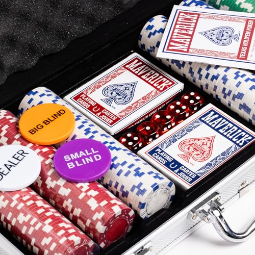 Maverick Texas Hold 'Em Poker Set with Aluminum Case, 300 11 Gram Casino Poker Chips, 2 Decks of Maverick Playing Cards, 5 Red Dice, and 3 Buttons Casino Game for Adults