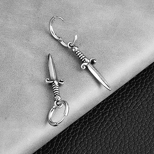 HZMAN Medieval Sword Dangle Drop Earrings for Men Women Stainless Steel Hip Hop Gothic Retro Dagger Hoop Earrings Jewelry Gift