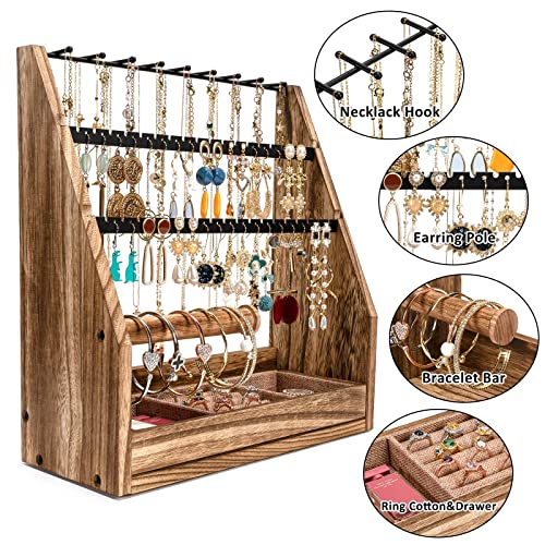 DGWJSU Jewelry Organizer Stand, 5 Layer Earring Holder Organizer with Necklace Holder, Rustic Wood Earring Organizer Display for Stud Earring Bracelet Necklace Ring, Watches