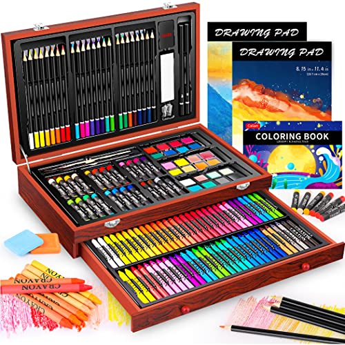 Caliart Art Supplies, 153-Pack Deluxe Wooden Art Set Crafts Drawing Painting Coloring Supplies Kit with 2 A4 Sketch Pads, Halloween Creative Gift Box for Adults Artist Beginners Kids Girls Boys