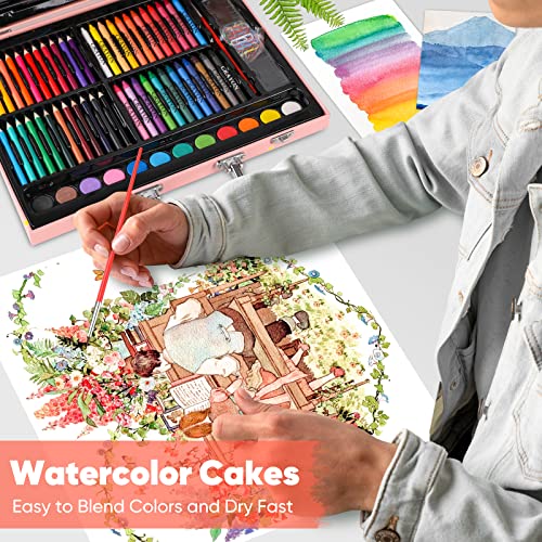 Soucolor Arts and Crafts Supplies, 183-Pack Drawing Painting Set for Kids Girls Boys Teens, Coloring Art Kit Gift: Crayons, Oil Pastels, Watercolors Cake, Colored Pencils Markers, Sketch Paper