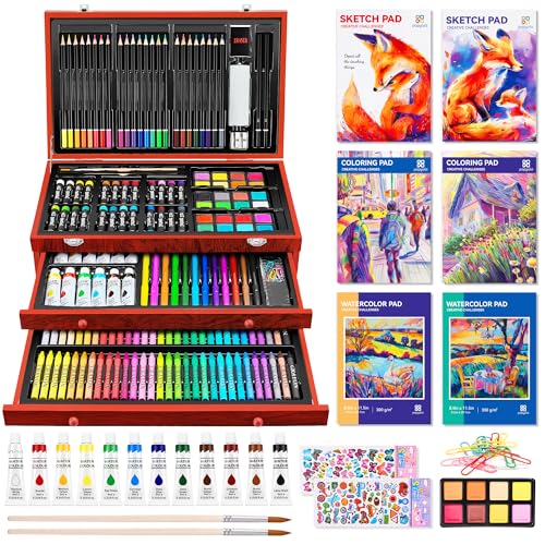 POPYOLA Art Supplies, 269 Piece Deluxe Art Set with 6 Drawing Pads, Watercolor Paints, Crayons, Colored Pencils Set in Wooden Case, Creative Gifts for Artists Adults Kids