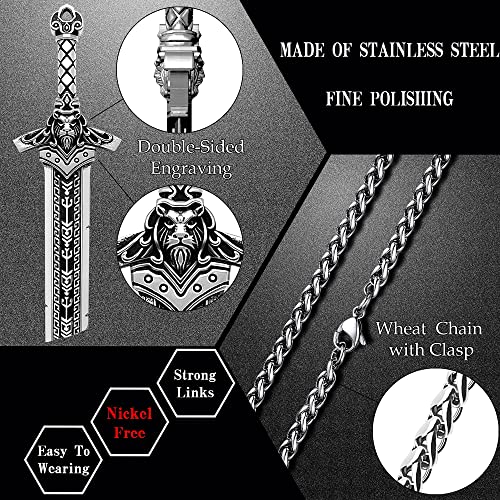 ZiWuark Mens Broken Sword Necklace Lion Head Knight Dragon Sword Pendant Viking Jewelry for Men Women, Silver Lion