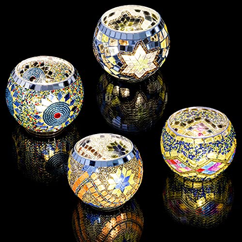 DEAYOU 4 Pack Glass Candle Holders Mosaic, Decorative Glass Tealight Votive Holder Bowl, Scented Candle Stand for Lighting Decor, Gift, Aromatherapy, Also Used as Vase, Pen Holder, Potted Plant Bowl