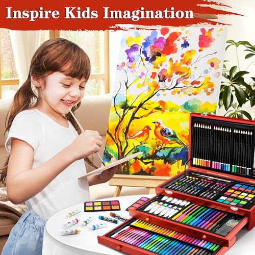 POPYOLA Art Supplies, 269 Piece Deluxe Art Set with 6 Drawing Pads, Watercolor Paints, Crayons, Colored Pencils Set in Wooden Case, Creative Gifts for Artists Adults Kids