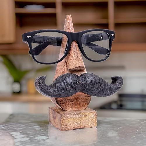 Ajuny Handcrafted Wooden Eyeglass Spectacle Holder - Handmade Mustache Design Eyewear Wood Display Stand, Specs Sunglasses Eyeglasses Goggles Stand Organizer for Office Desk Home Decor Gifts