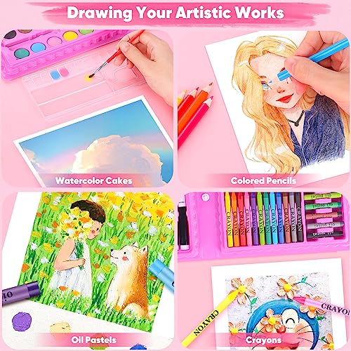 iBayam Art Supplies, 149-Pack Drawing Kit Painting Art Set Art Kits Gifts Box, Arts and Crafts for Kids Girls Boys, with Coloring Book, Crayons, Pastels, Pencils, Watercolor Pens (Pink)