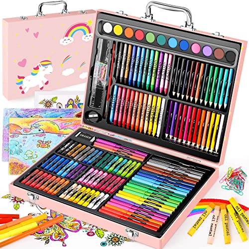 Soucolor Arts and Crafts Supplies, 183-Pack Drawing Painting Set for Kids Girls Boys Teens, Coloring Art Kit Gift: Crayons, Oil Pastels, Watercolors Cake, Colored Pencils Markers, Sketch Paper