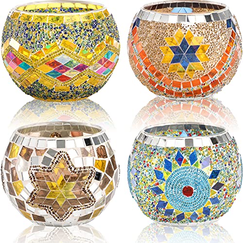 DEAYOU 4 Pack Glass Candle Holders Mosaic, Decorative Glass Tealight Votive Holder Bowl, Scented Candle Stand for Lighting Decor, Gift, Aromatherapy, Also Used as Vase, Pen Holder, Potted Plant Bowl