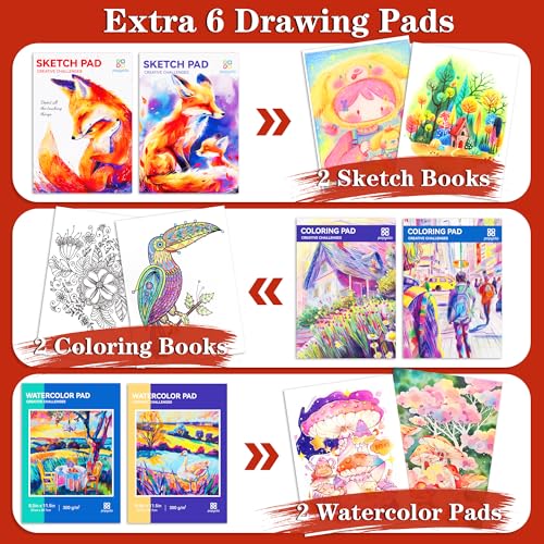 POPYOLA Art Supplies, 269 Piece Deluxe Art Set with 6 Drawing Pads, Watercolor Paints, Crayons, Colored Pencils Set in Wooden Case, Creative Gifts for Artists Adults Kids