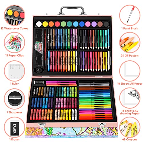 Soucolor Arts and Crafts Supplies, 183-Pack Drawing Painting Set for Kids Girls Boys Teens, Coloring Art Kit Gift: Crayons, Oil Pastels, Watercolors Cake, Colored Pencils Markers, Sketch Paper