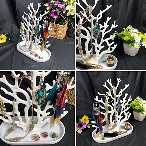 NewFerU Coral Tree Jewelry Hanging Stand Display Table Top Necklace Bracelet Holder Earring Hanger Organizer Rack Tower with a Ring Watch Dish Tray for Women Girls (White)